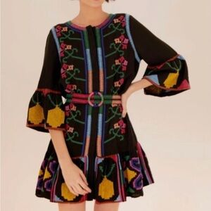 Farm Rio NWT Black stitch Bell Sleeve   embroidered dresss